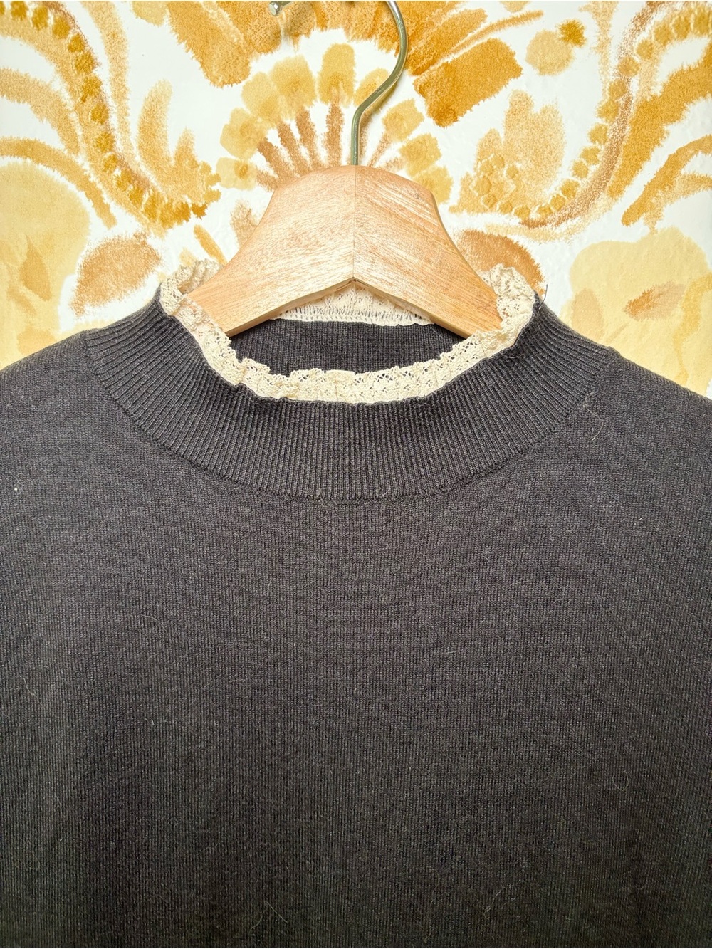 La Vila Milano Black Mock Neck Knit Sweater Top Lace Trim Short Sleeve Size M - Picture 6 of 11